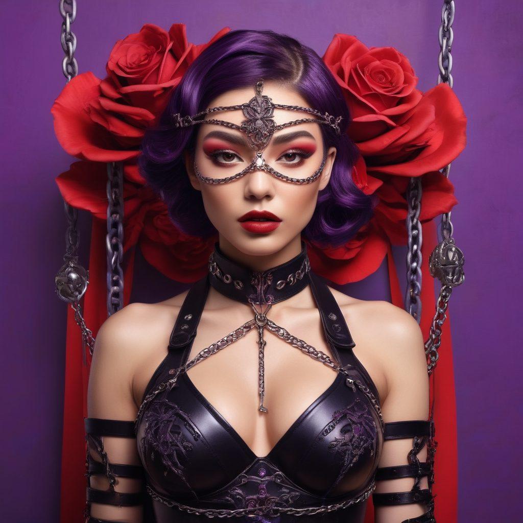 A dynamic scene featuring a confident woman in a bold, empowering pose, surrounded by symbols of femininity and strength. The background includes artistic representations of kink, such as intricate leather harnesses and alluring masquerade masks. The color palette is rich with deep purples and vivid reds, exuding passion and empowerment. Include subtle elements like chains and roses to symbolize both kink and growth. surreal illustration. vibrant colors. 3D elements.