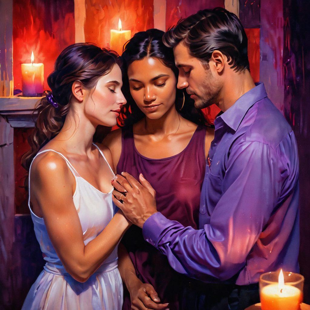 A warm, intimate setting featuring a couple sharing a deep, meaningful conversation under soft candlelight, with vibrant red and purple hues surrounding them. Subtle symbols of love such as hearts and entwined hands softly blended into the background. The overall mood evokes connection, trust, and passion, highlighting the empowering aspects of intimacy. painting. vibrant colors. soft focus.