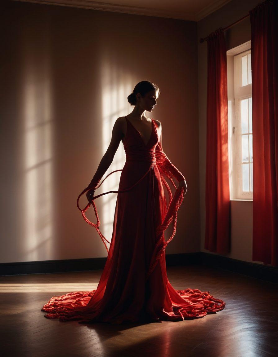 An intimate scene illustrating the dance of power dynamics, featuring elegant silk ropes intertwined amidst soft shadows of a dimly lit room. A confident figure in sophisticated gear holds a subtle smile, while a submissive figure showcases trust and vulnerability, both immersed in a deep connection. Flashes of moody lighting cast intriguing shapes and reflections, enhancing the atmosphere of exploration and consent. surrealistic. dark tones with pops of red. soft focus.